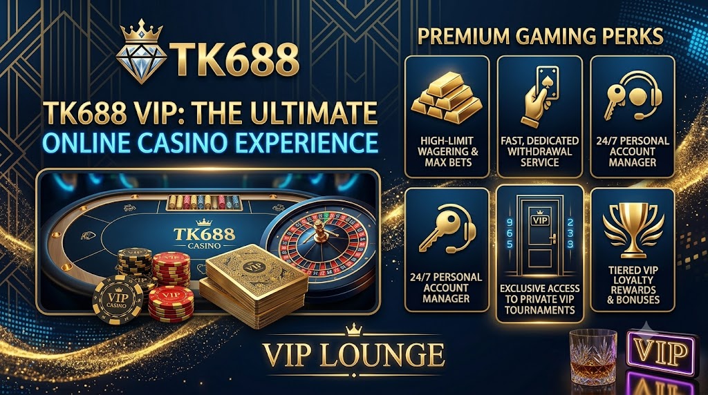 Upgrade to TK688 VIP banner showcasing a luxurious online casino style with premium gaming perks